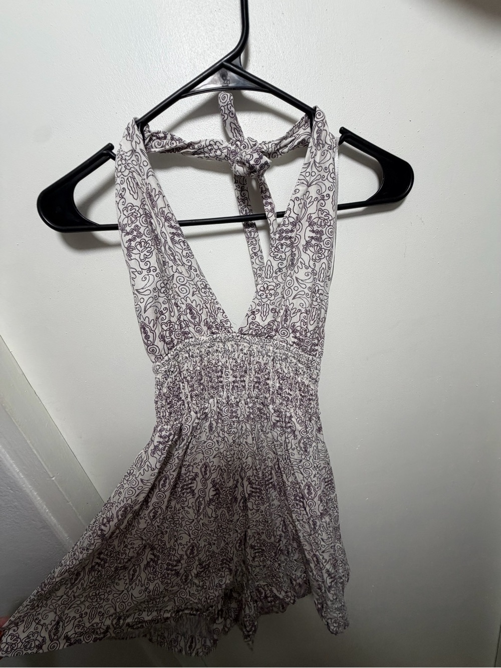 Smocked Waist White Halter Romper with Mauve Paisley Print